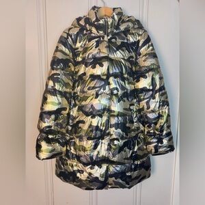 Betsey Johnson Metallic Gold Foil Camouflage Puffer‎ Coat Hood Size Medium